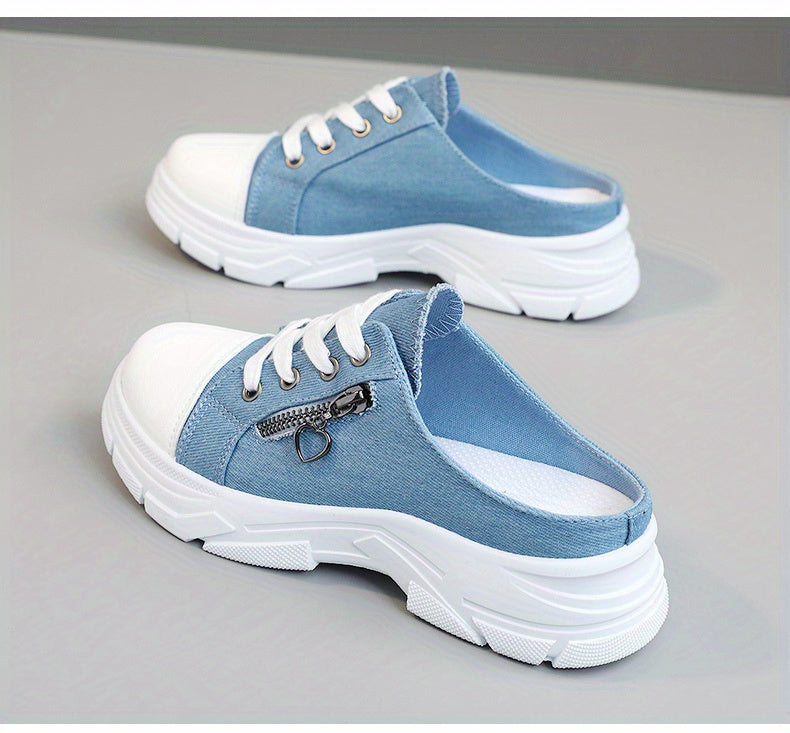 Women's Side Zipper Design Mule Sneakers, Casual Lace Up Outdoor Shoes, Women's Comfortable Shoes