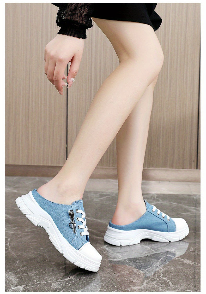 Women's Side Zipper Design Mule Sneakers, Casual Lace Up Outdoor Shoes, Women's Comfortable Shoes