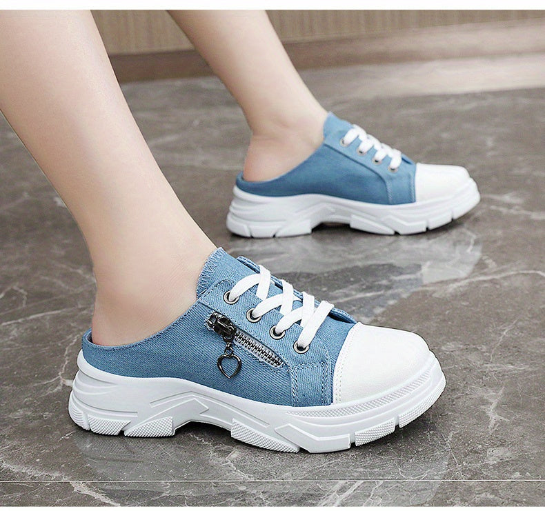 Women's Side Zipper Design Mule Sneakers, Casual Lace Up Outdoor Shoes, Women's Comfortable Shoes