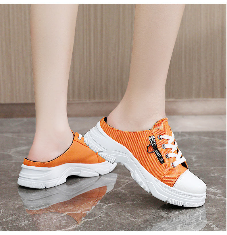 Women's Side Zipper Design Mule Sneakers, Casual Lace Up Outdoor Shoes, Women's Comfortable Shoes