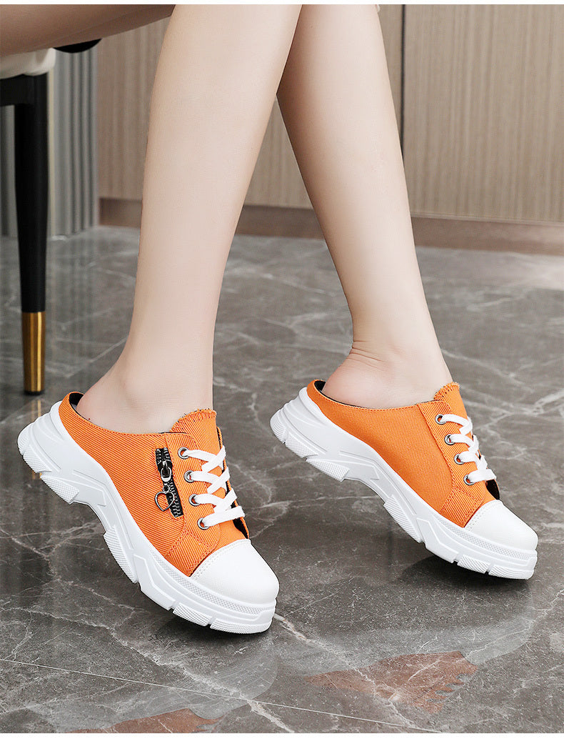 Women's Side Zipper Design Mule Sneakers, Casual Lace Up Outdoor Shoes, Women's Comfortable Shoes