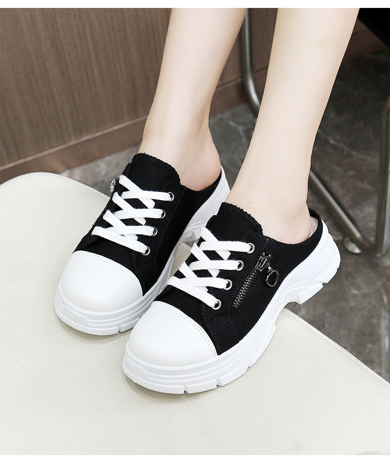 Women's Side Zipper Design Mule Sneakers, Casual Lace Up Outdoor Shoes, Women's Comfortable Shoes