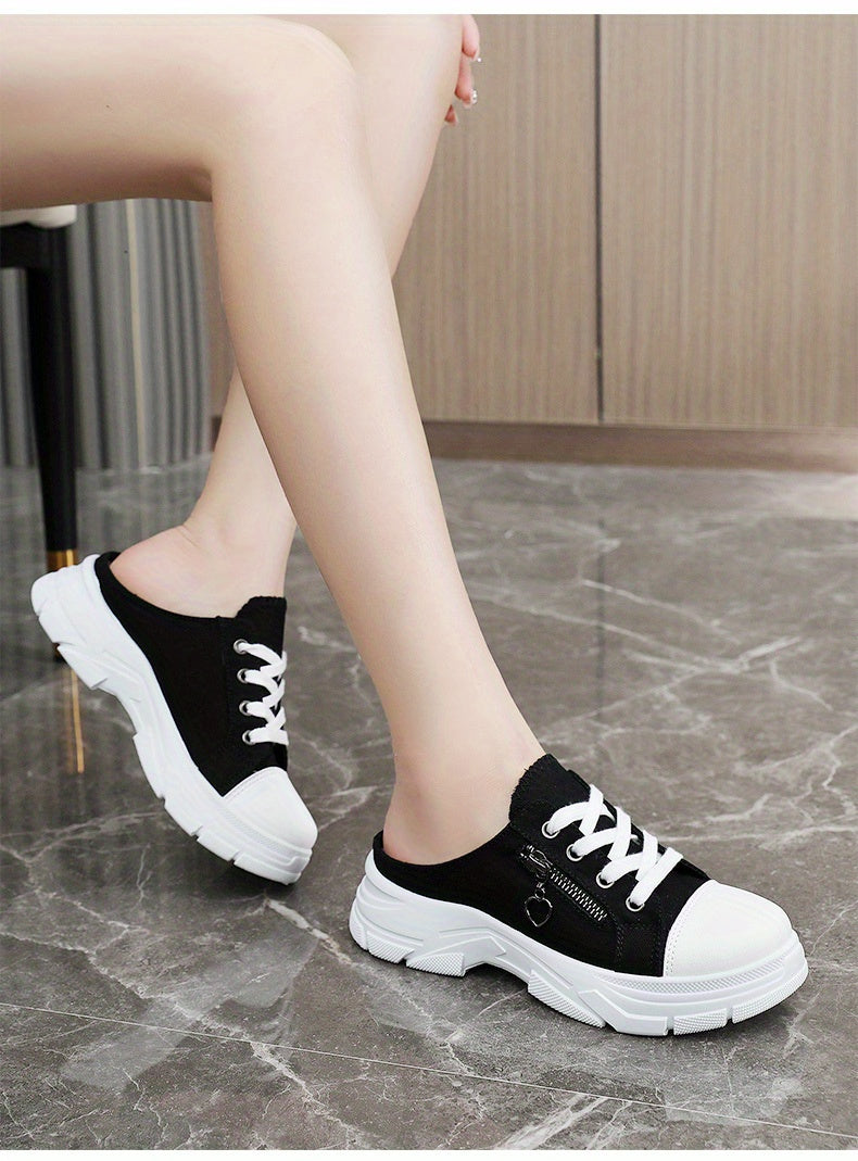 Women's Side Zipper Design Mule Sneakers, Casual Lace Up Outdoor Shoes, Women's Comfortable Shoes