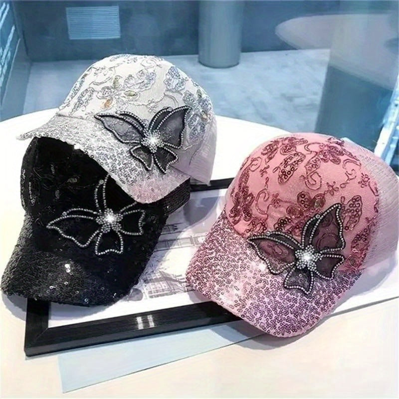 1Pc Bling Bling Sequins Butterfly Baseball Cap For Women Summer Breathable Snapback Caps Sunshade Visors Sun Hat UV Protection Hats