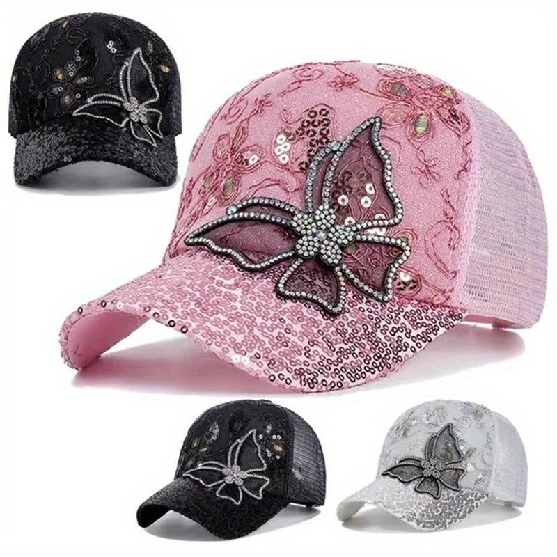 1Pc Bling Bling Sequins Butterfly Baseball Cap For Women Summer Breathable Snapback Caps Sunshade Visors Sun Hat UV Protection Hats