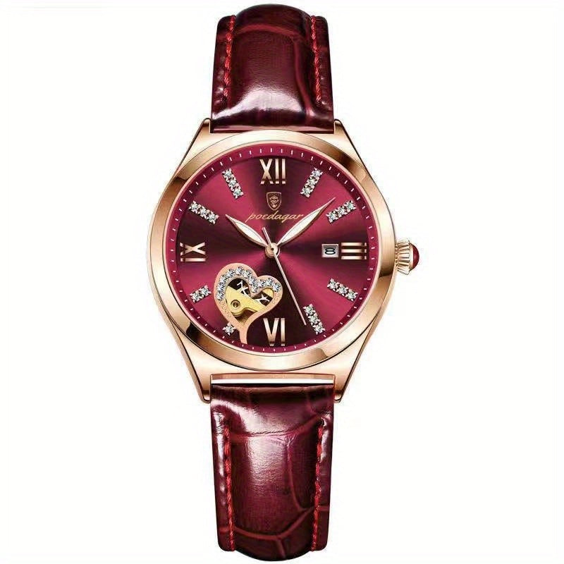 Luxury Red Round Quartz Watch PU Leather Strap Alloy Pointer Alloy Case Heart-Shaped Skeleton Dial, Luminous, Calendar Display, Elegant Rhinestone Accents, For Women