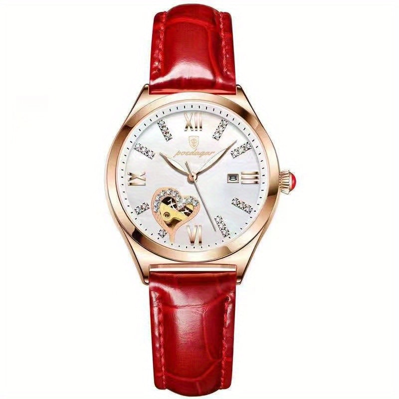 Luxury Red Round Quartz Watch PU Leather Strap Alloy Pointer Alloy Case Heart-Shaped Skeleton Dial, Luminous, Calendar Display, Elegant Rhinestone Accents, For Women