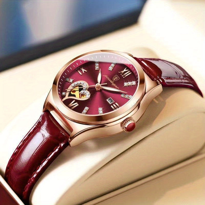 Luxury Red Round Quartz Watch PU Leather Strap Alloy Pointer Alloy Case Heart-Shaped Skeleton Dial, Luminous, Calendar Display, Elegant Rhinestone Accents, For Women