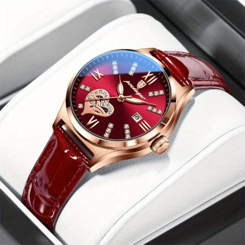 Luxury Red Round Quartz Watch PU Leather Strap Alloy Pointer Alloy Case Heart-Shaped Skeleton Dial, Luminous, Calendar Display, Elegant Rhinestone Accents, For Women