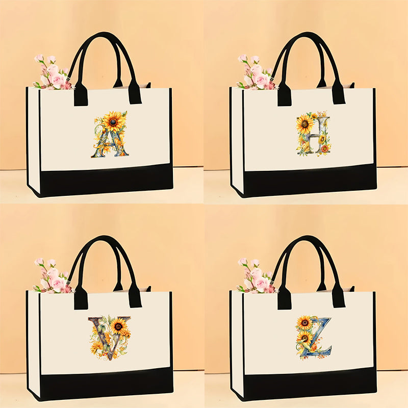 Sunflower Floral Letter Print Tote Bag, Large Capacity Canvas Bag, Casual Shoulder Bag, Handbag, Travel Shopping Bag, Suitable For Wedding Gifts