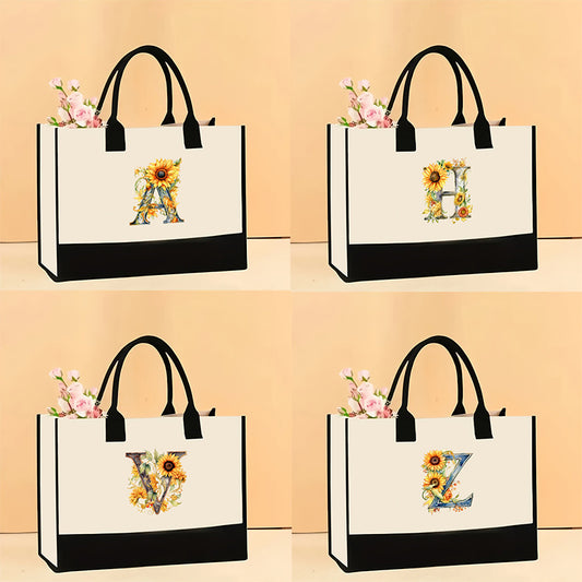 Sunflower Floral Letter Print Tote Bag, Large Capacity Canvas Bag, Casual Shoulder Bag, Handbag, Travel Shopping Bag, Suitable For Wedding Gifts