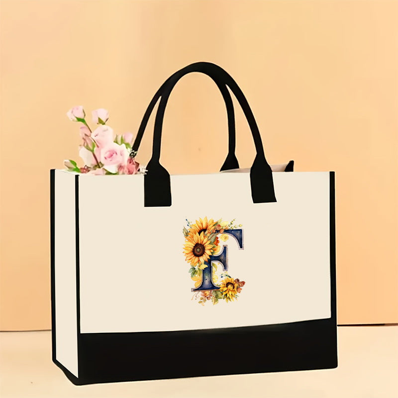 Sunflower Floral Letter Print Tote Bag, Large Capacity Canvas Bag, Casual Shoulder Bag, Handbag, Travel Shopping Bag, Suitable For Wedding Gifts