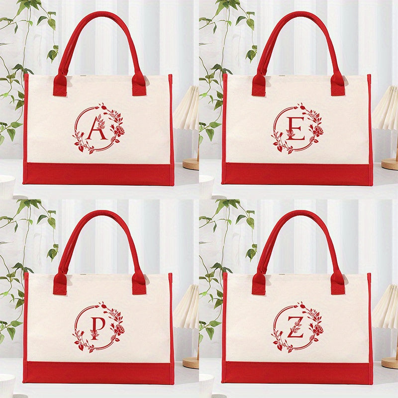 Letter In A Circle Print Canvas Large Capacity Tote Bag Shoulder Bag Birthday Gift Valentine's Day Gift Easter Holiday Gift For Party, Daily Commute, Red