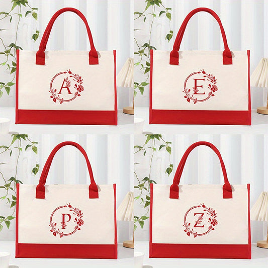 Letter In A Circle Print Canvas Large Capacity Tote Bag Shoulder Bag Birthday Gift Valentine's Day Gift Easter Holiday Gift For Party, Daily Commute, Red