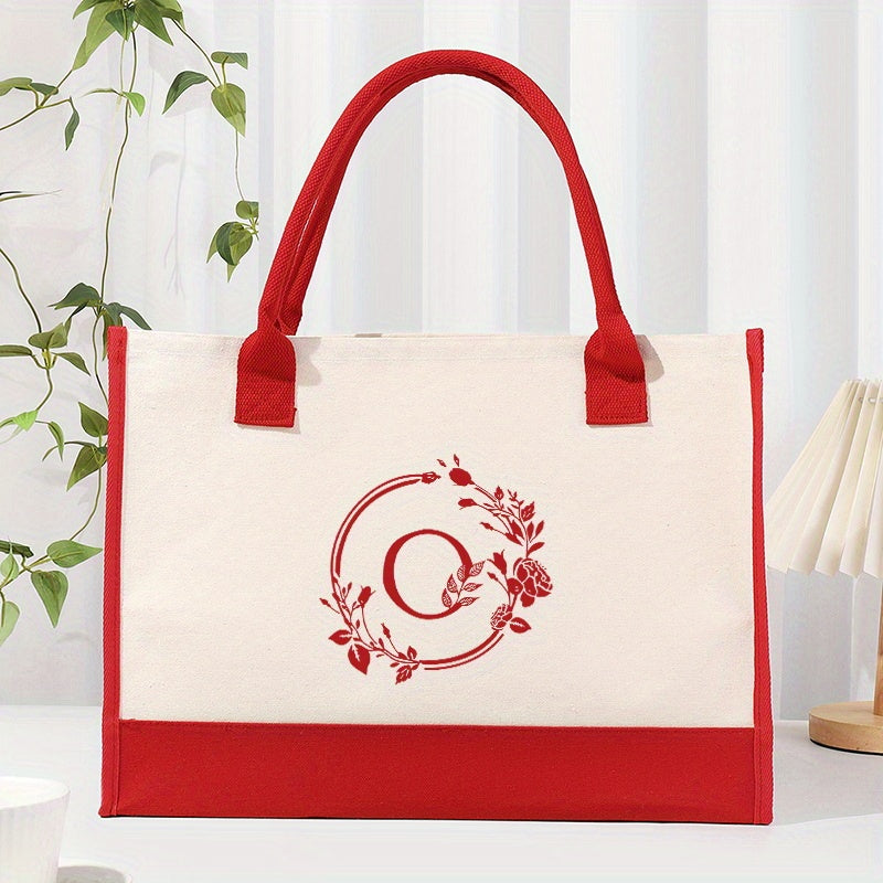 Letter In A Circle Print Canvas Large Capacity Tote Bag Shoulder Bag Birthday Gift Valentine's Day Gift Easter Holiday Gift For Party, Daily Commute, Red