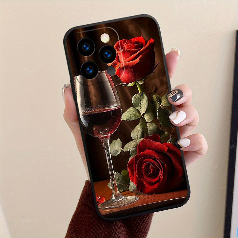 Romantic Rose And Wine Glass Phone Case for Iphone 15 Pro Max/15 Pro/15 Plus/15/14 Pro Max/14 Pro/14 Plus/14/13 Pro Max/13 Pro/13 Mini/13/12 Pro Max/12 Pro/12 Mini/12/11 Pro Max/11 Pro/11/Xr - TPU Material