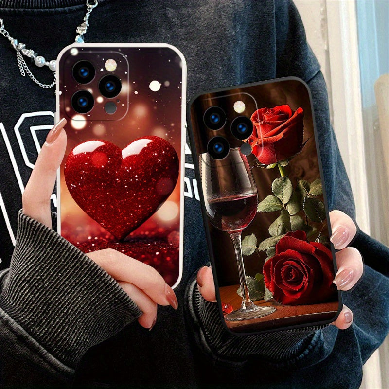 Romantic Rose And Wine Glass Phone Case for Iphone 15 Pro Max/15 Pro/15 Plus/15/14 Pro Max/14 Pro/14 Plus/14/13 Pro Max/13 Pro/13 Mini/13/12 Pro Max/12 Pro/12 Mini/12/11 Pro Max/11 Pro/11/Xr - TPU Material