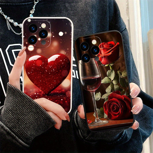 Romantic Rose And Wine Glass Phone Case for Iphone 15 Pro Max/15 Pro/15 Plus/15/14 Pro Max/14 Pro/14 Plus/14/13 Pro Max/13 Pro/13 Mini/13/12 Pro Max/12 Pro/12 Mini/12/11 Pro Max/11 Pro/11/Xr - TPU Material