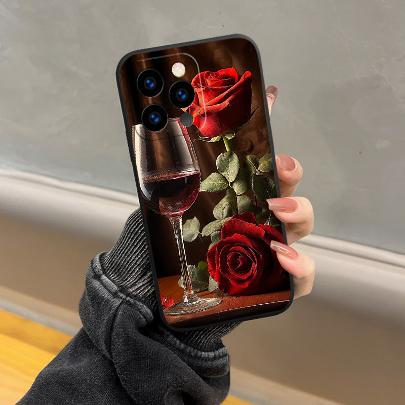 Romantic Rose And Wine Glass Phone Case for Iphone 15 Pro Max/15 Pro/15 Plus/15/14 Pro Max/14 Pro/14 Plus/14/13 Pro Max/13 Pro/13 Mini/13/12 Pro Max/12 Pro/12 Mini/12/11 Pro Max/11 Pro/11/Xr - TPU Material