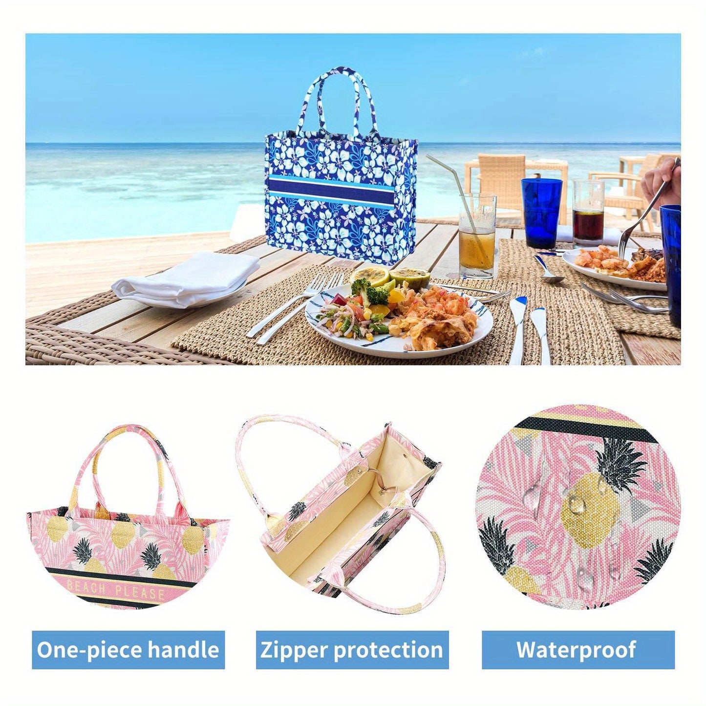 Beach Tote Bags Summer Travel Necessities for Vacation Trip Cruise Essentials Accessories Stuff Swim Pool Gear Beachbag Packable Gift for Women Blue Floral Teacher Must Haves School Supplies 2024