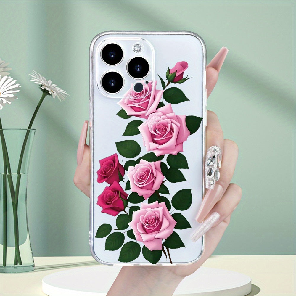 Creative, Simple, Beautiful Rose Pattern, Personality, Trendy, Hot-Selling, Transparent Mobile Phone Case for Men And Women, Comfortable Grip for Iphone 15/15Plus/15Pro/15Promax/14/14Plus/14Pro/14Promax/13/13Mini/13Pro/13Prom