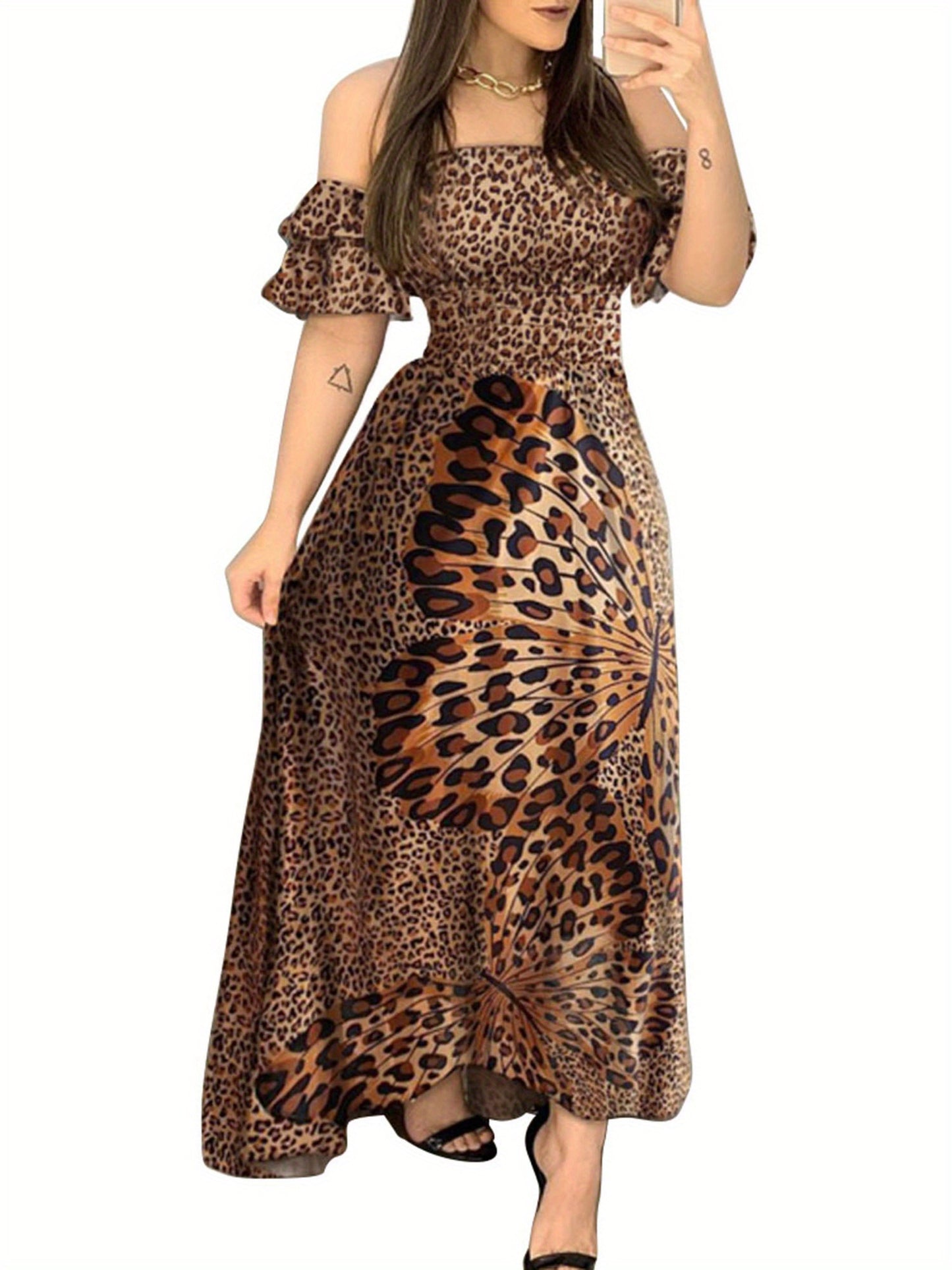 Women Long Flared Dress Elegant Off Shoulder Short Sleeve Leopard Printed Butterfly Dress