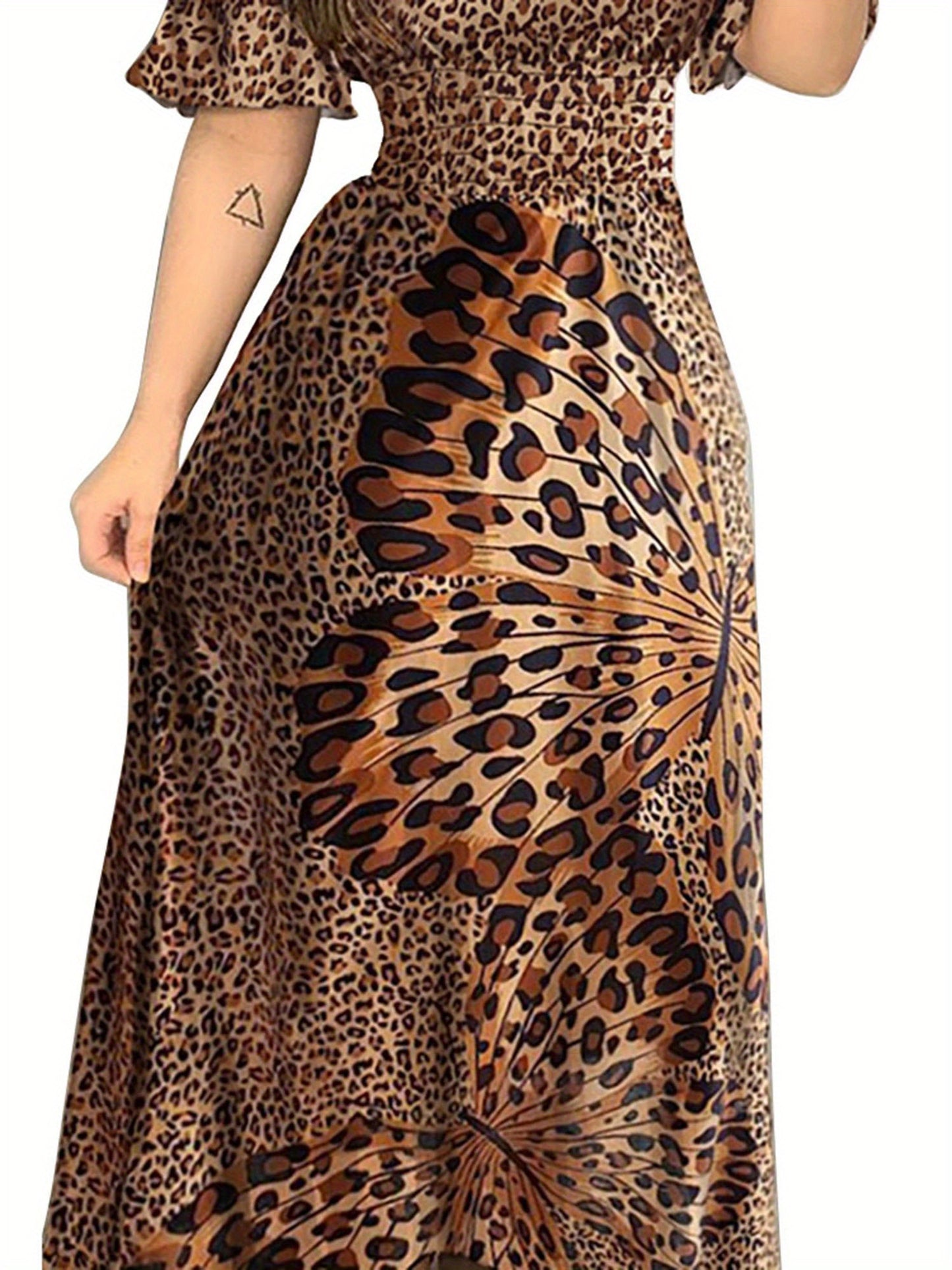 Women Long Flared Dress Elegant Off Shoulder Short Sleeve Leopard Printed Butterfly Dress