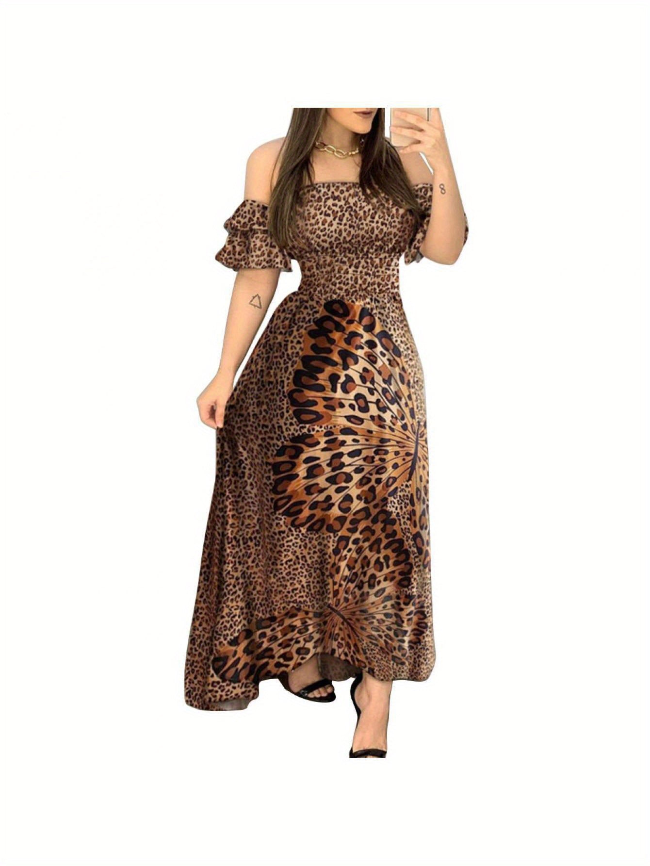 Women Long Flared Dress Elegant Off Shoulder Short Sleeve Leopard Printed Butterfly Dress