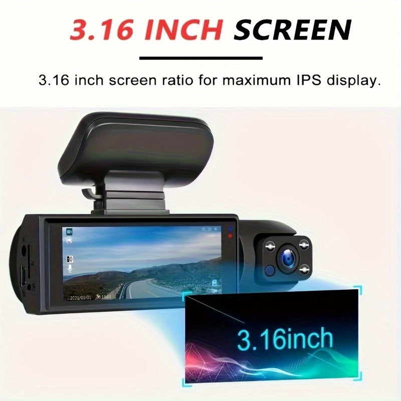 The latest dashcam 1080P dual camera USB rechargeable lithium polymer battery onboard DVR, 3.16-inch IPS screen