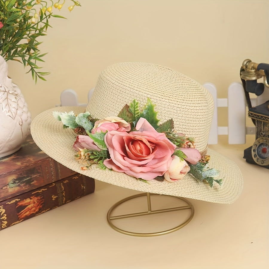 Handmade Flower Straw Hat Solid Color Elegant Beach Sunscreen Hat Small Top Hats Easter For Women