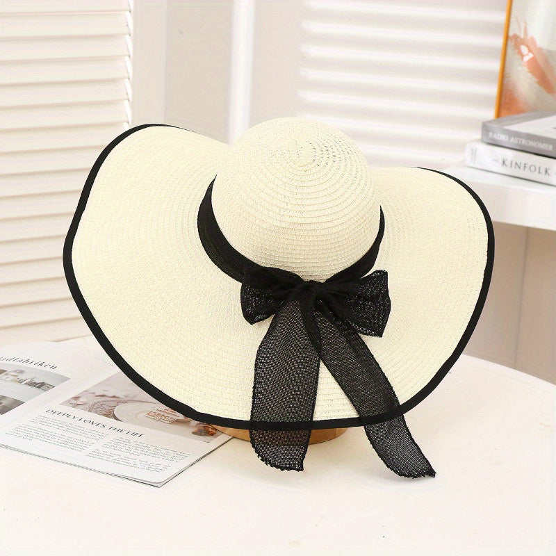 Women's Wide Brim Sun Hat Korean Style Foldable Bowknot Beach Hat Hand-Woven Paper Straw Cap for Outdoors UPF Protection