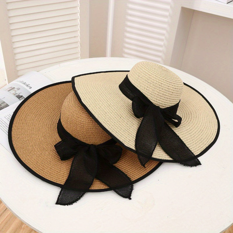 Women's Wide Brim Sun Hat Korean Style Foldable Bowknot Beach Hat Hand-Woven Paper Straw Cap for Outdoors UPF Protection