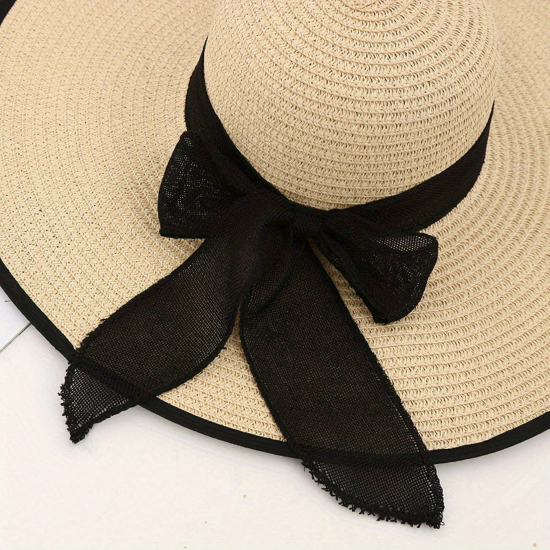 Women's Wide Brim Sun Hat Korean Style Foldable Bowknot Beach Hat Hand-Woven Paper Straw Cap for Outdoors UPF Protection