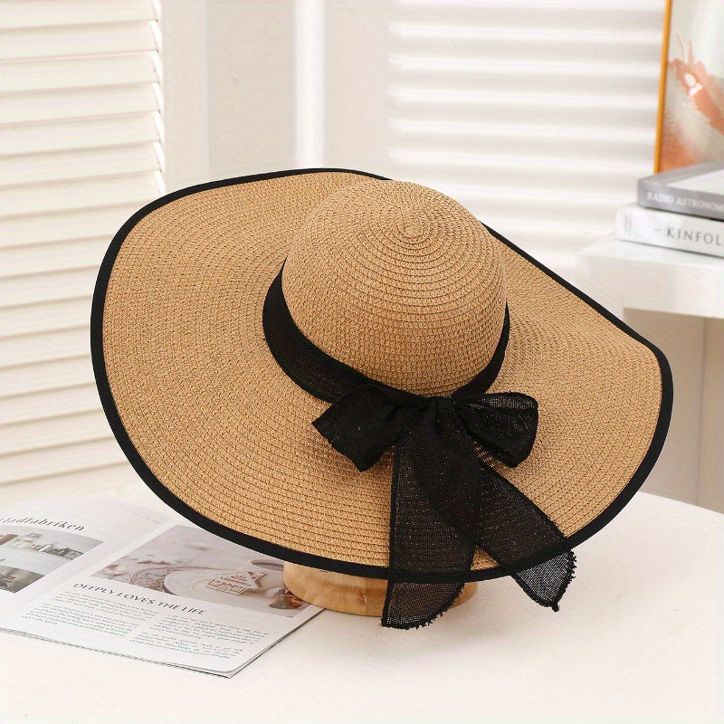 Women's Wide Brim Sun Hat Korean Style Foldable Bowknot Beach Hat Hand-Woven Paper Straw Cap for Outdoors UPF Protection