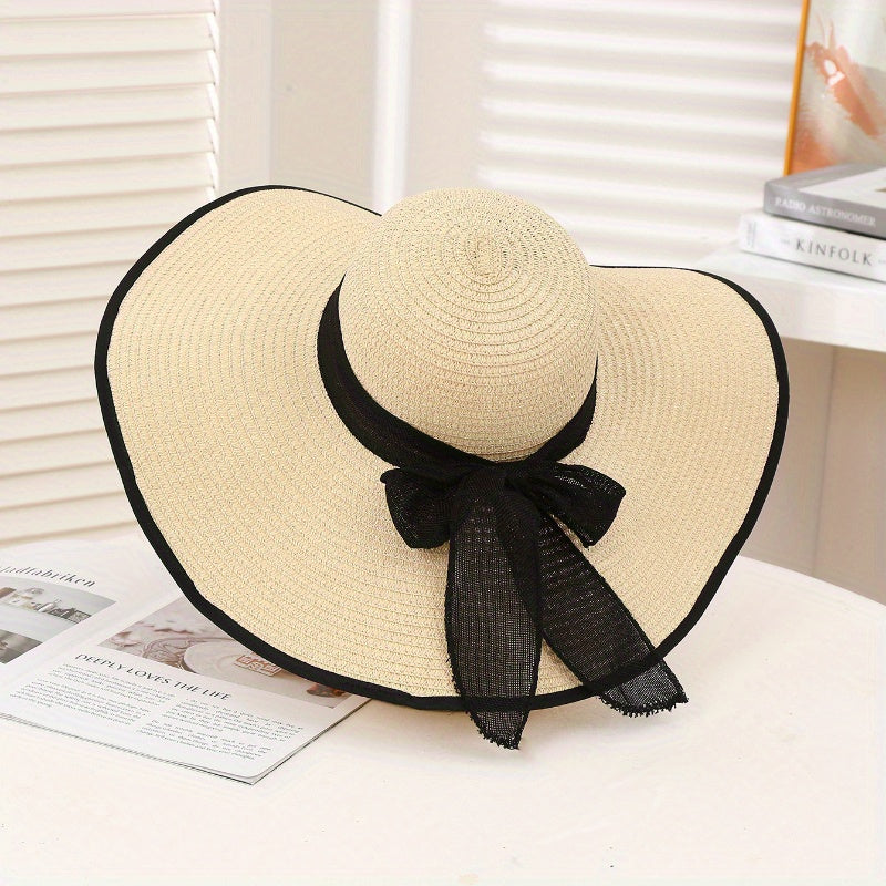 Women's Wide Brim Sun Hat Korean Style Foldable Bowknot Beach Hat Hand-Woven Paper Straw Cap for Outdoors UPF Protection