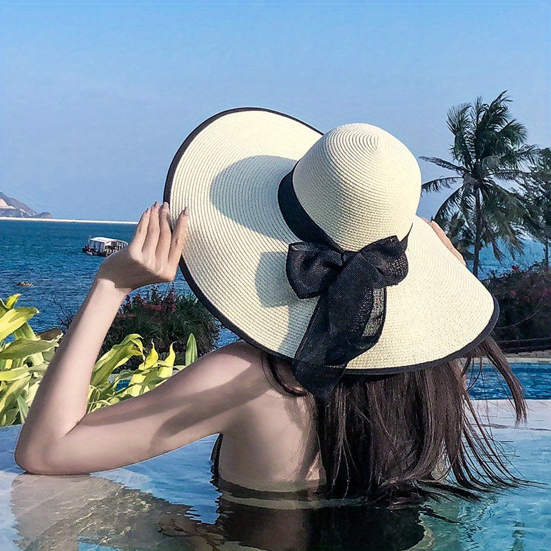 Women's Summer Beach Wide Brim Sun Hat – Elegant Ribbon Bow, Woven Paper Straw Cap for UV Protection, Vacation Travel Essential, Non-elastic – Crafted for Durability and Comfort