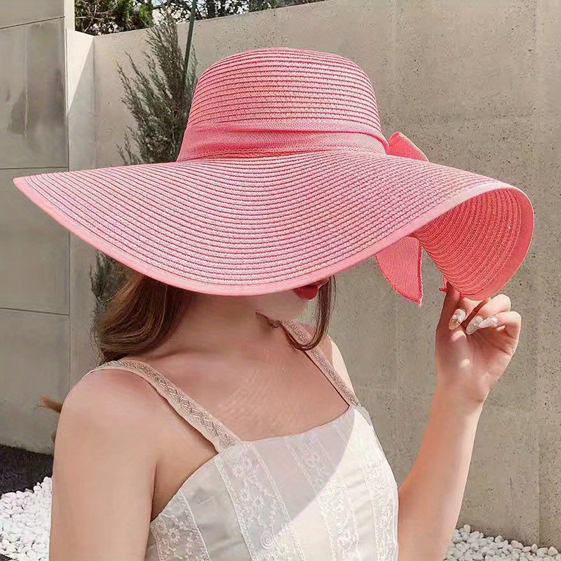 Women's Summer Beach Wide Brim Sun Hat – Elegant Ribbon Bow, Woven Paper Straw Cap for UV Protection, Vacation Travel Essential, Non-elastic – Crafted for Durability and Comfort