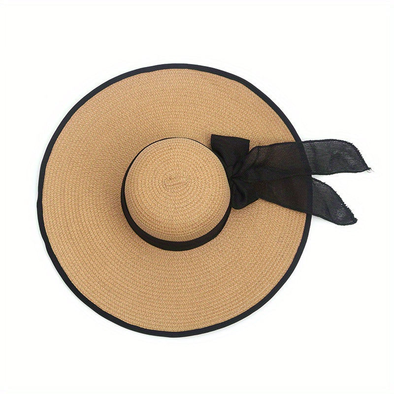 Women's Summer Beach Wide Brim Sun Hat – Elegant Ribbon Bow, Woven Paper Straw Cap for UV Protection, Vacation Travel Essential, Non-elastic – Crafted for Durability and Comfort