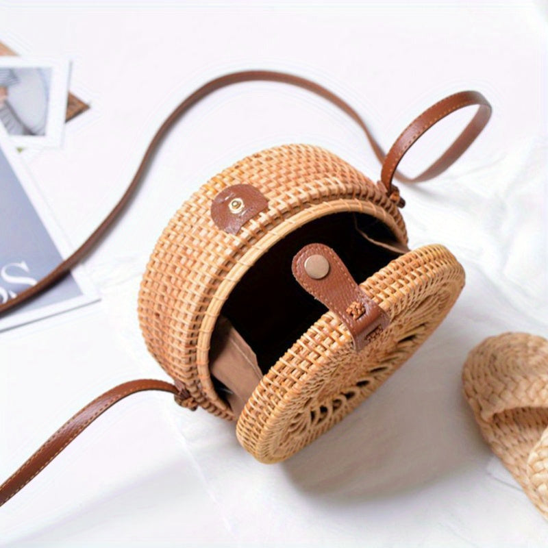 Handwoven Cork Crossbody Bag for Women - Fashionable Mini Round Woven Purse with Secure Buckle Closure and Polyester Lining