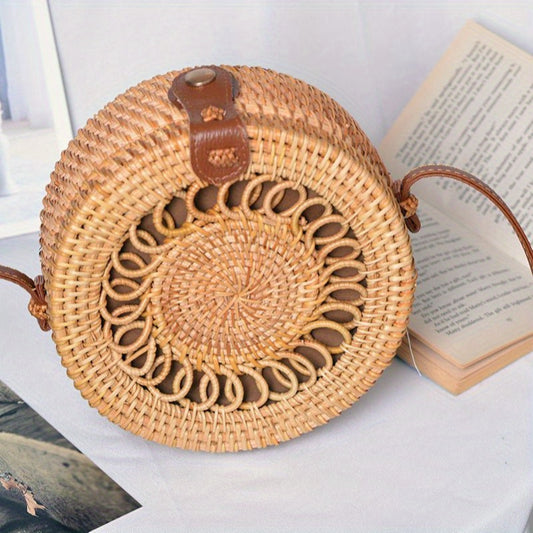 Handwoven Cork Crossbody Bag for Women - Fashionable Mini Round Woven Purse with Secure Buckle Closure and Polyester Lining