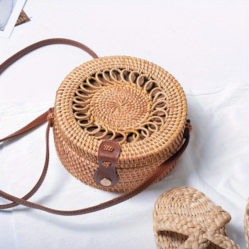 Handwoven Cork Crossbody Bag for Women - Fashionable Mini Round Woven Purse with Secure Buckle Closure and Polyester Lining