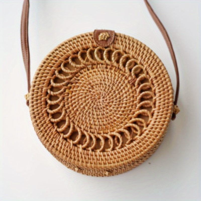 Handwoven Cork Crossbody Bag for Women - Fashionable Mini Round Woven Purse with Secure Buckle Closure and Polyester Lining