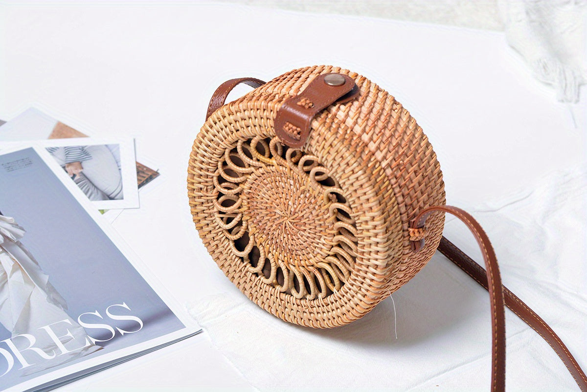 Handwoven Cork Crossbody Bag for Women - Fashionable Mini Round Woven Purse with Secure Buckle Closure and Polyester Lining