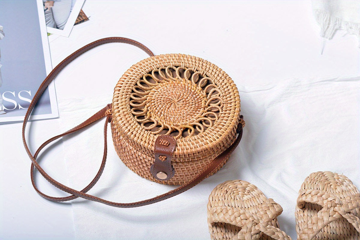 Handwoven Cork Crossbody Bag for Women - Fashionable Mini Round Woven Purse with Secure Buckle Closure and Polyester Lining