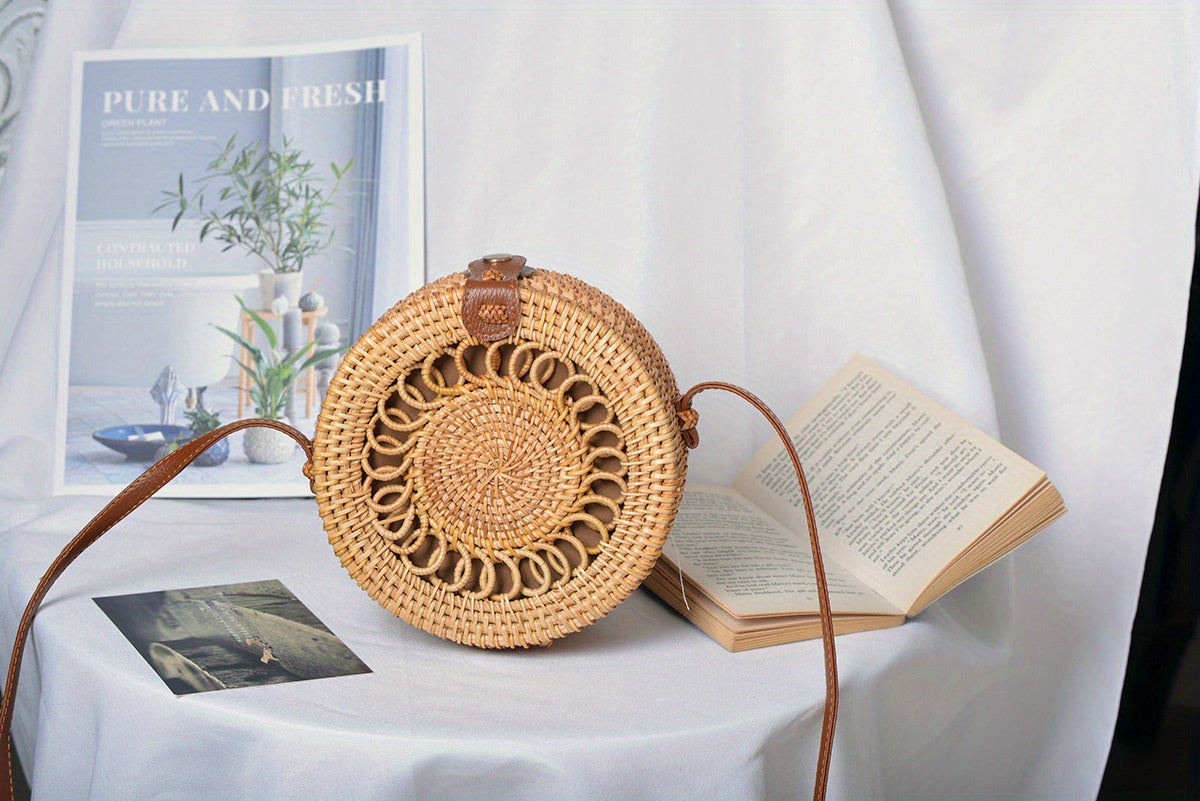 Handwoven Cork Crossbody Bag for Women - Fashionable Mini Round Woven Purse with Secure Buckle Closure and Polyester Lining