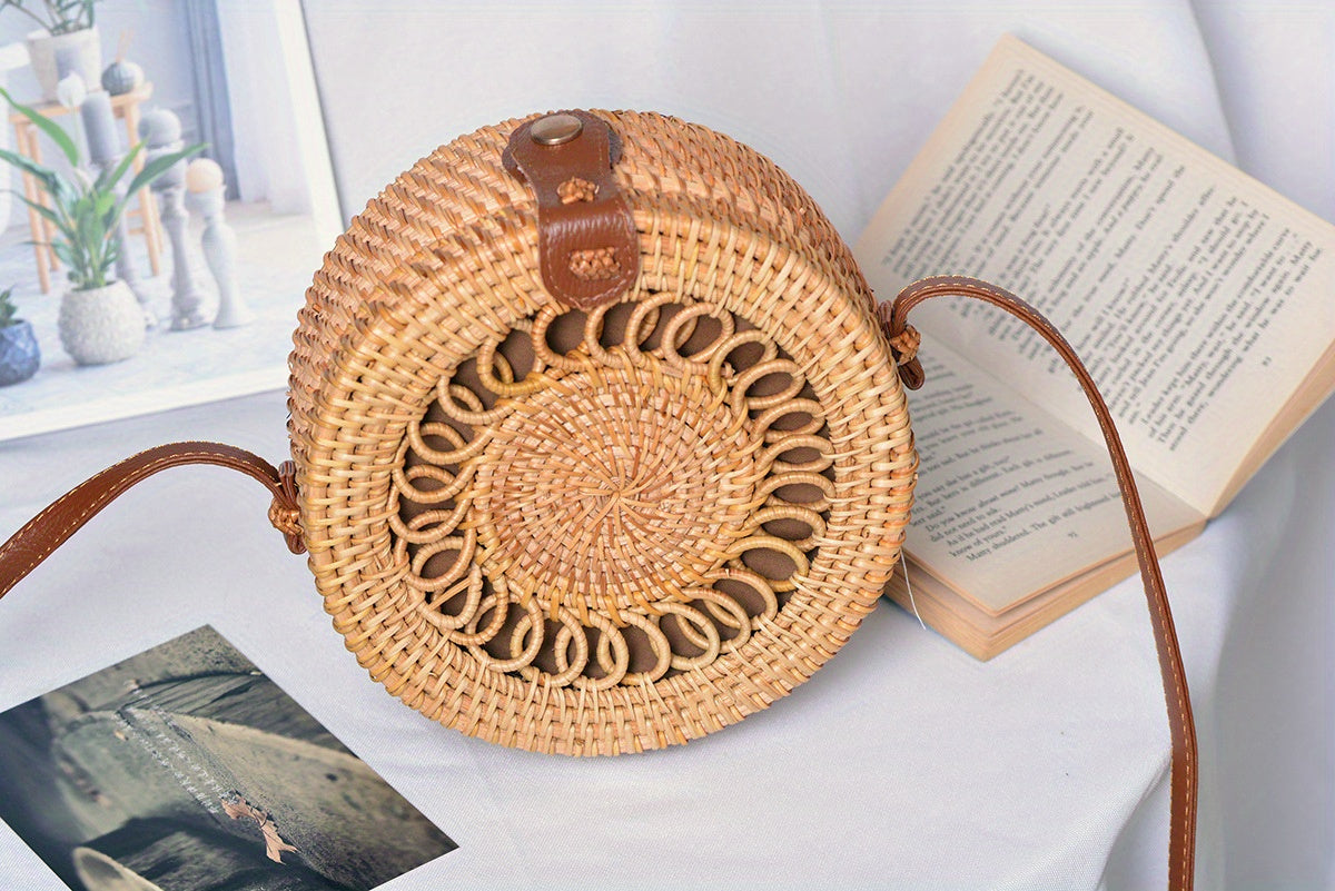 Handwoven Cork Crossbody Bag for Women - Fashionable Mini Round Woven Purse with Secure Buckle Closure and Polyester Lining