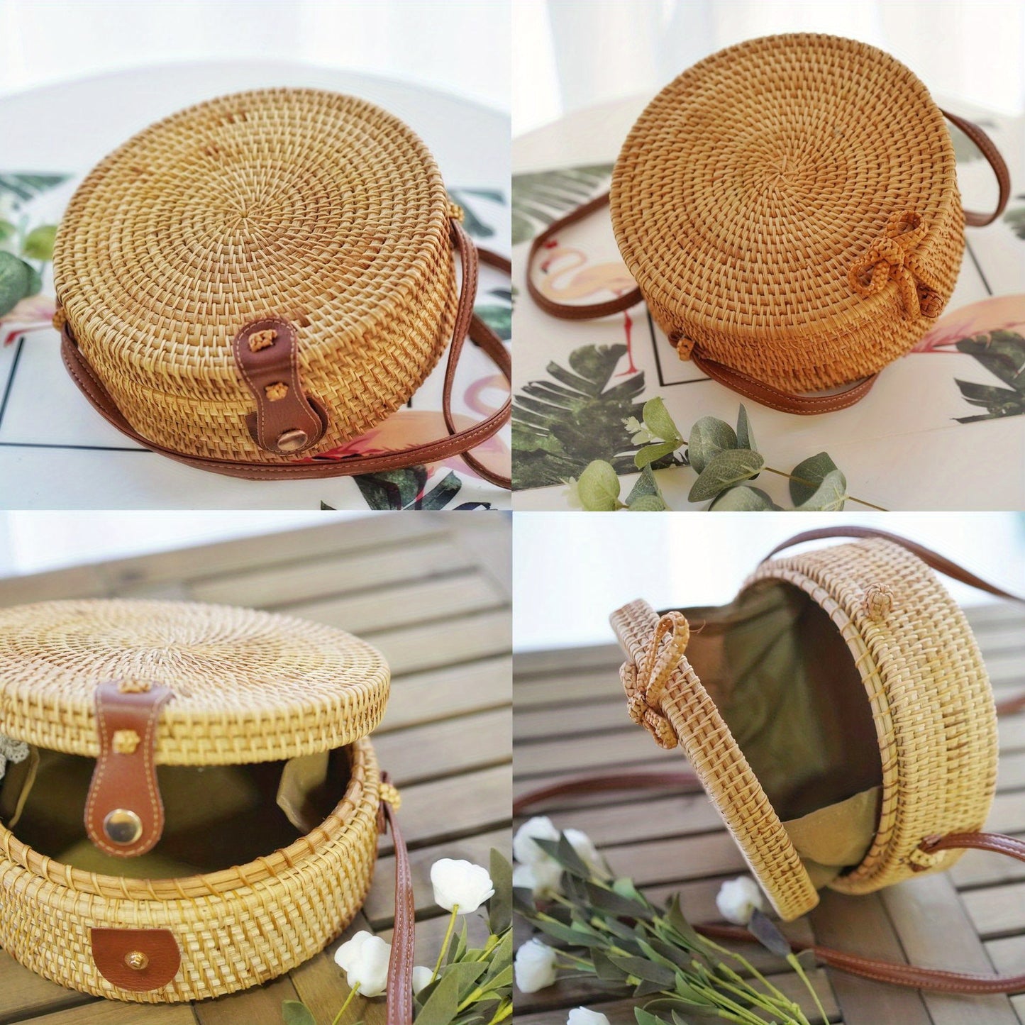 Handwoven Cork Crossbody Bag for Women - Fashionable Mini Round Woven Purse with Secure Buckle Closure and Polyester Lining