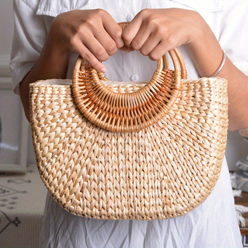 Chic Hand-Woven Rattan Straw Beach Tote - Lightweight, Open Top Shoulder Bag for Women | Perfect for Travel & Vacation