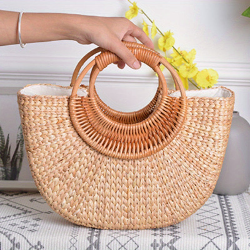 Chic Hand-Woven Rattan Straw Beach Tote - Lightweight, Open Top Shoulder Bag for Women | Perfect for Travel & Vacation