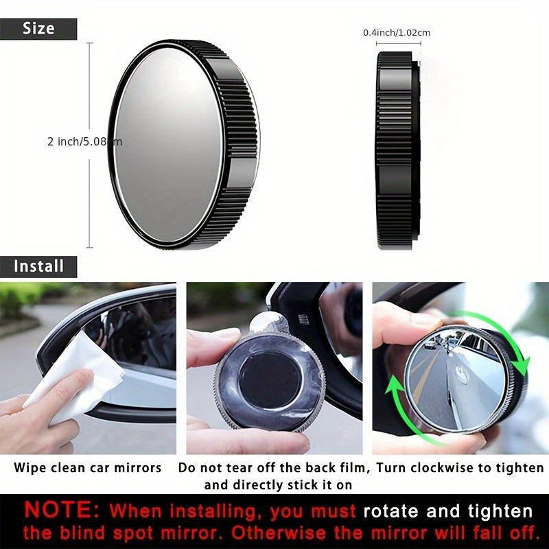 2Pcs Blind Spot Car Mirrors - Large 2 Inch Reusable Design with High-Definition Glass and Convex 360° Wide Angle for Enhanced Safety - Universally Compatible with Cars, SUVs, and Trucks in Sleek Black Finish